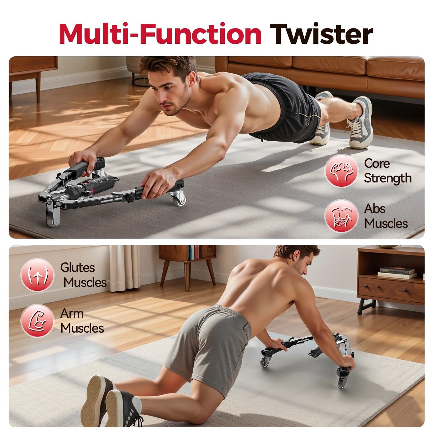 2-In-1 Twister Arm Trainer with Ab Roller Wheel, Adjustable 22-440Lbs Hydraulic Power Chest, Shoulders, Forearm, Triceps & Core Muscle Strengthener (Includes Backpack & Pad)